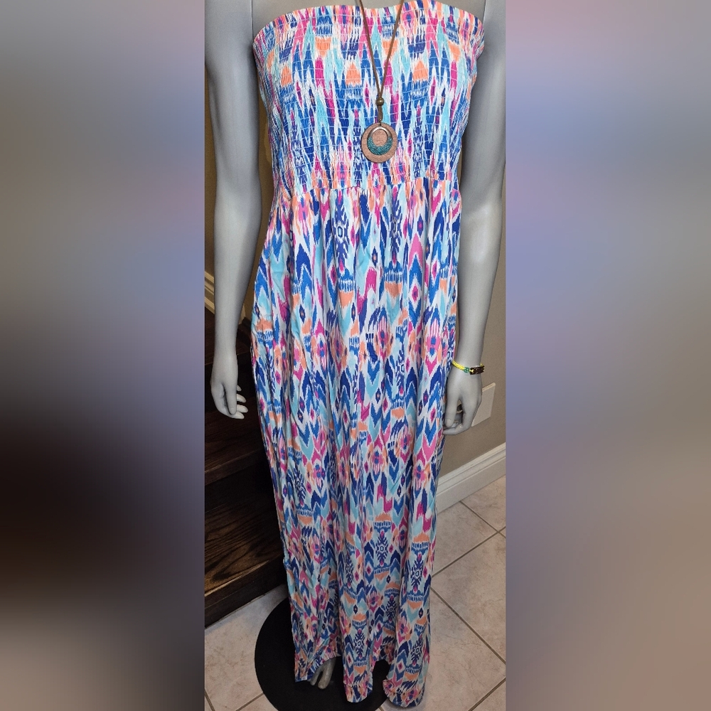 GAP Strapless Maxi Dress in Blue and Pink. - Picture 3 of 12